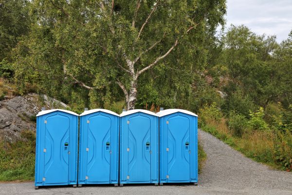 Porta potty rental supplier yard with units staged for dispatch in Los Angeles